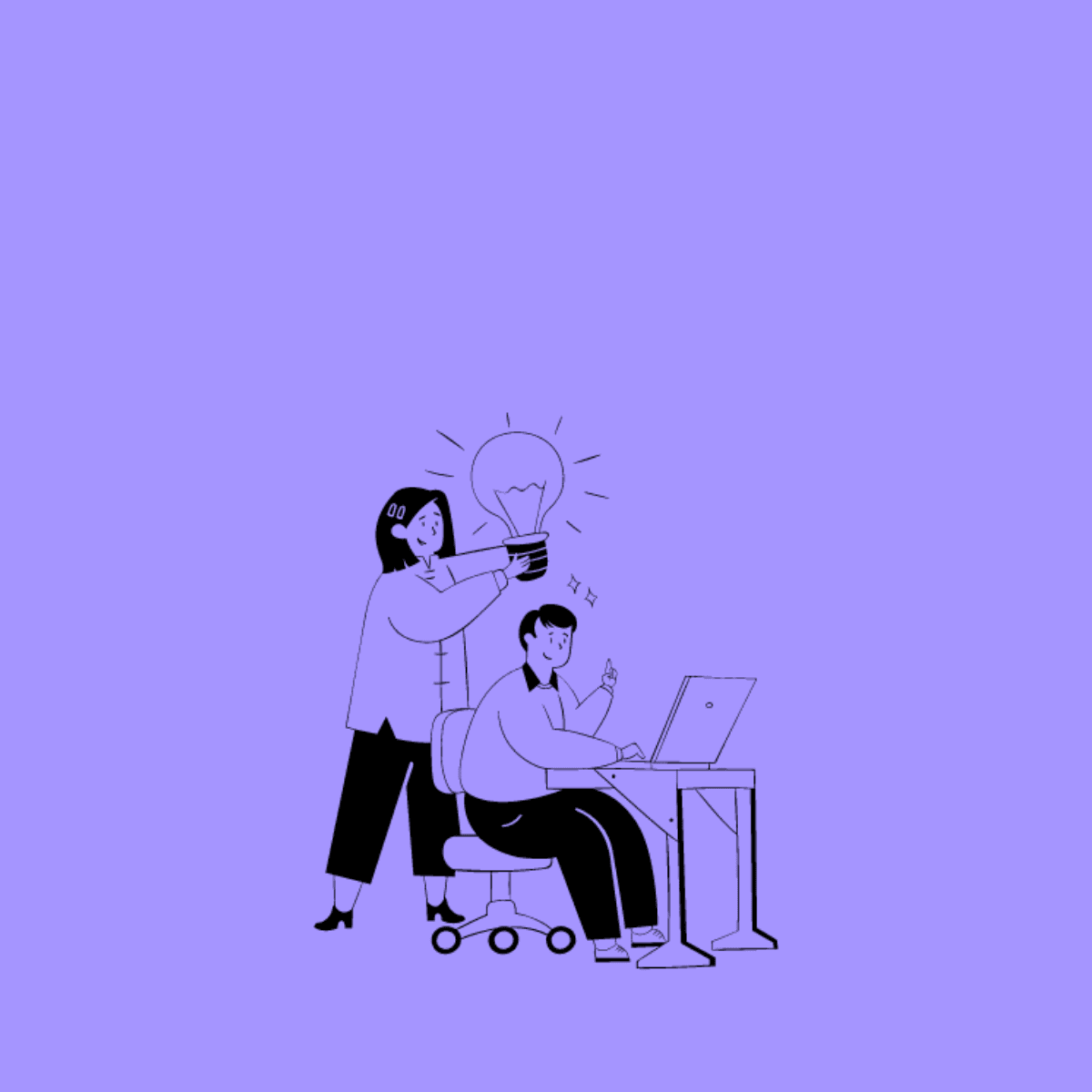 Illustration of a person sitting at a desk with a laptop, while another holds a glowing light bulb above them, symbolizing a new idea.