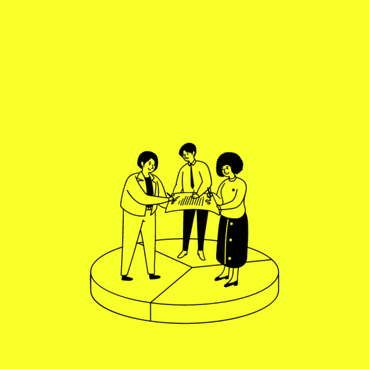 Illustration of three people on a circular platform examining a large document together, set against a bright yellow background.