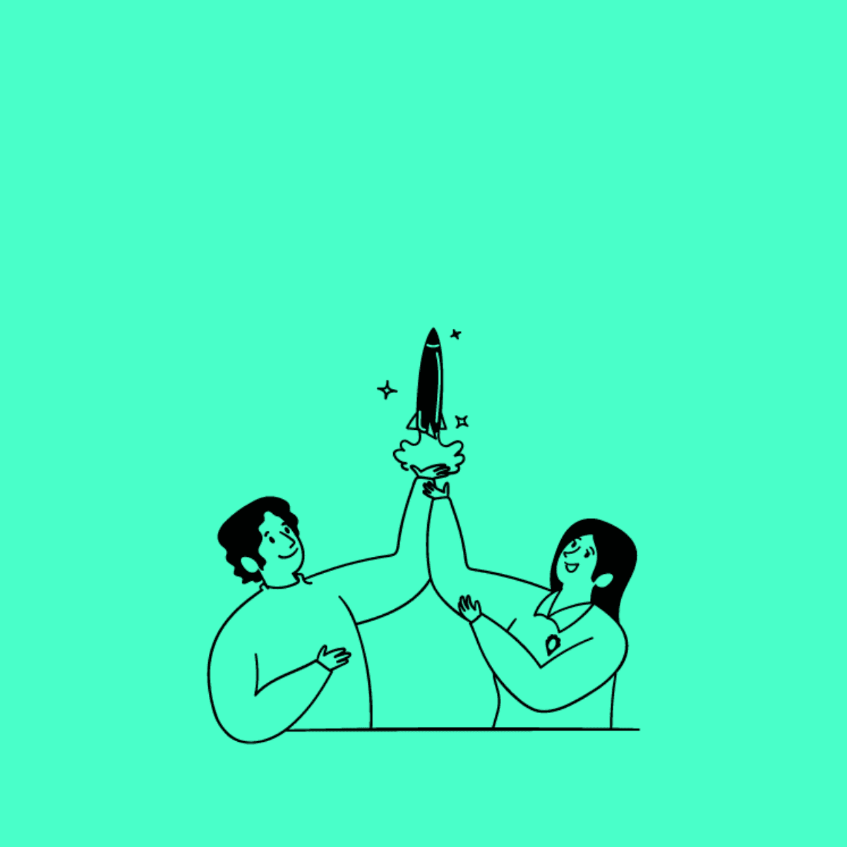 Two people holding a small rocket together, symbolizing teamwork and ambition, on a turquoise background.
