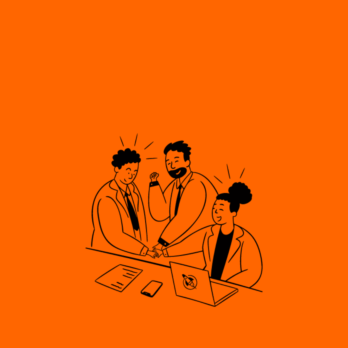 Illustration of three people in business attire celebrating success with a handshake, surrounded by a laptop, phone, and documents on an orange background.