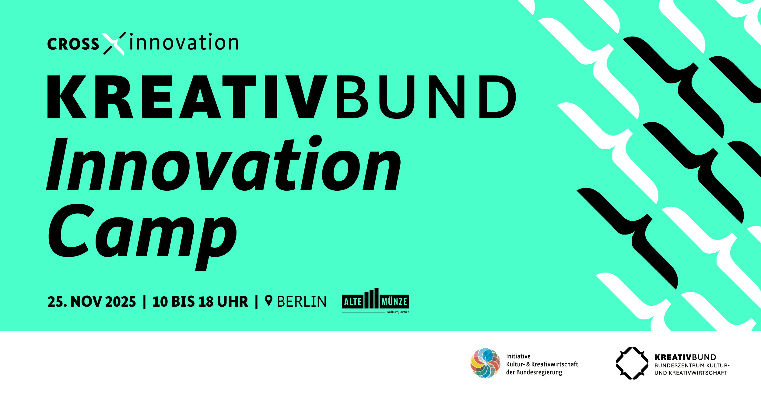Teal banner for "KREATIVBUND Innovation Camp" on 25 Nov 2025, 10-18 Uhr, Berlin. Features logos and abstract bird pattern on the right.