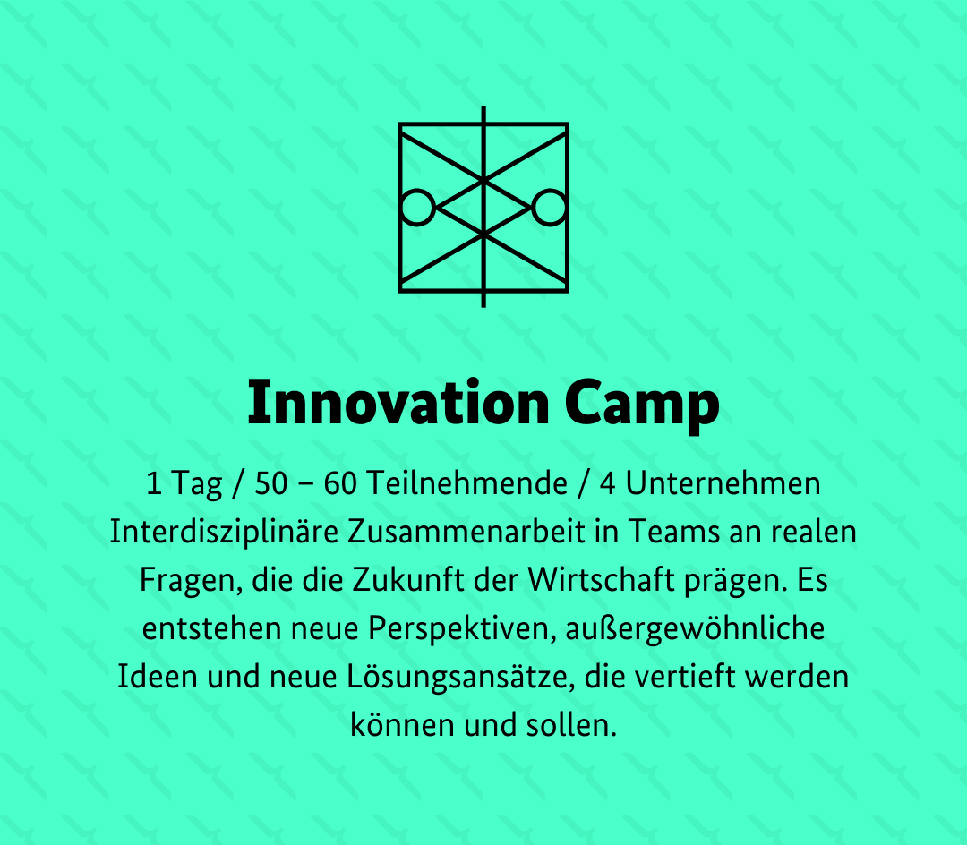 Green background with geometric design. Text: "Innovation Camp" details a collaborative event involving 50-60 participants and 4 companies.